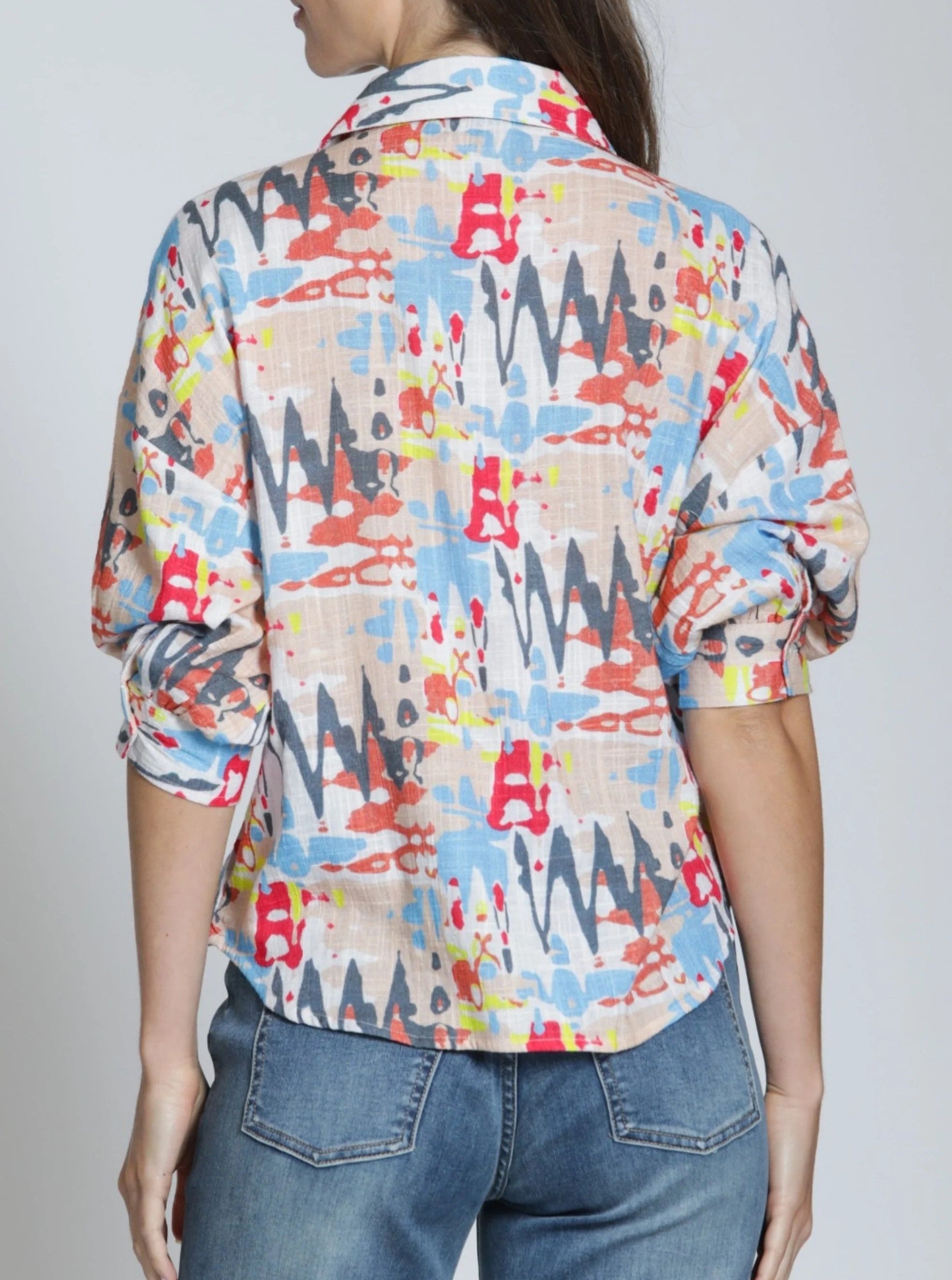 BLUE MULTI ABSTRACT PRINT BLOUSON SLEEVE BUTTON UP TOP