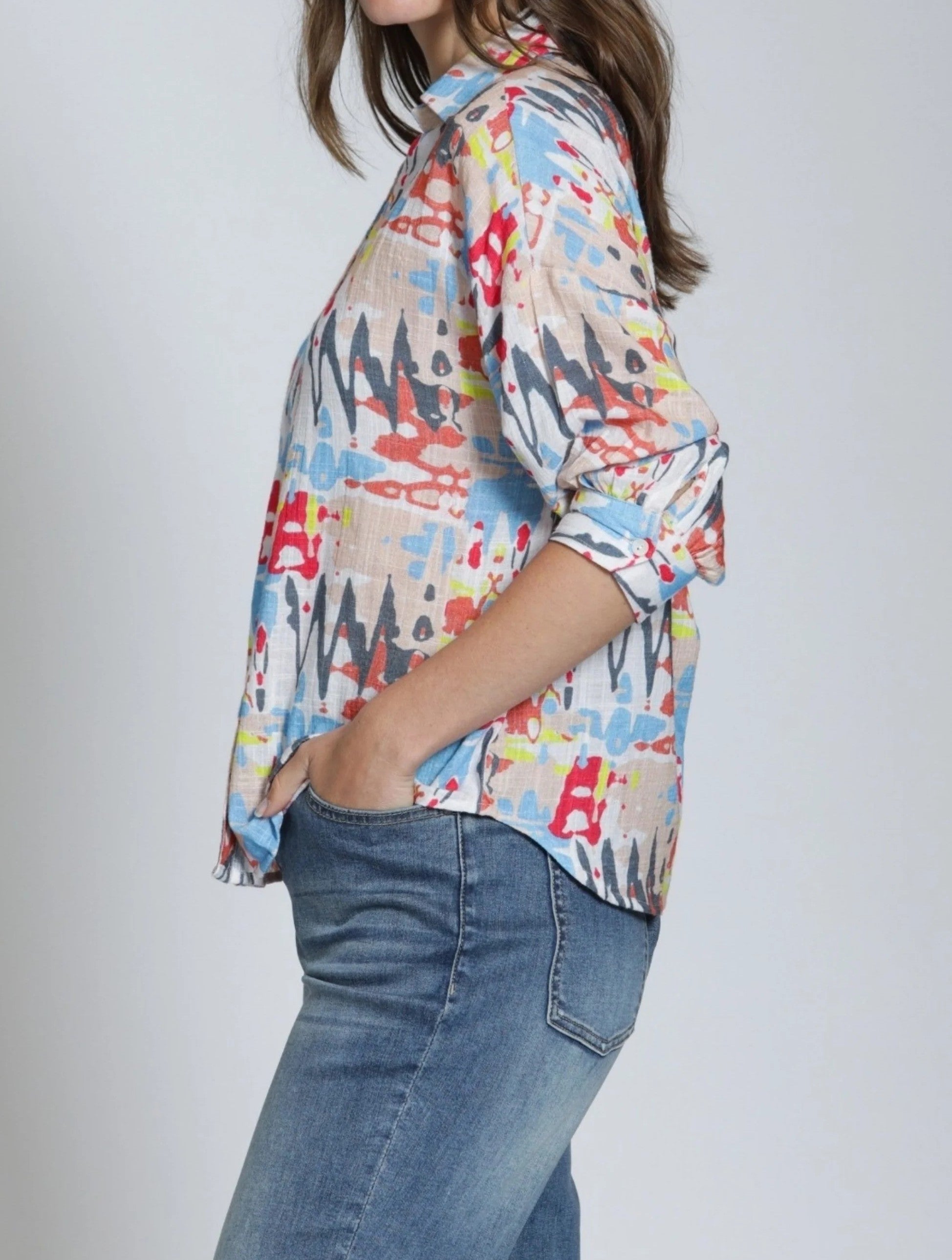 BLUE MULTI ABSTRACT PRINT BLOUSON SLEEVE BUTTON UP TOP