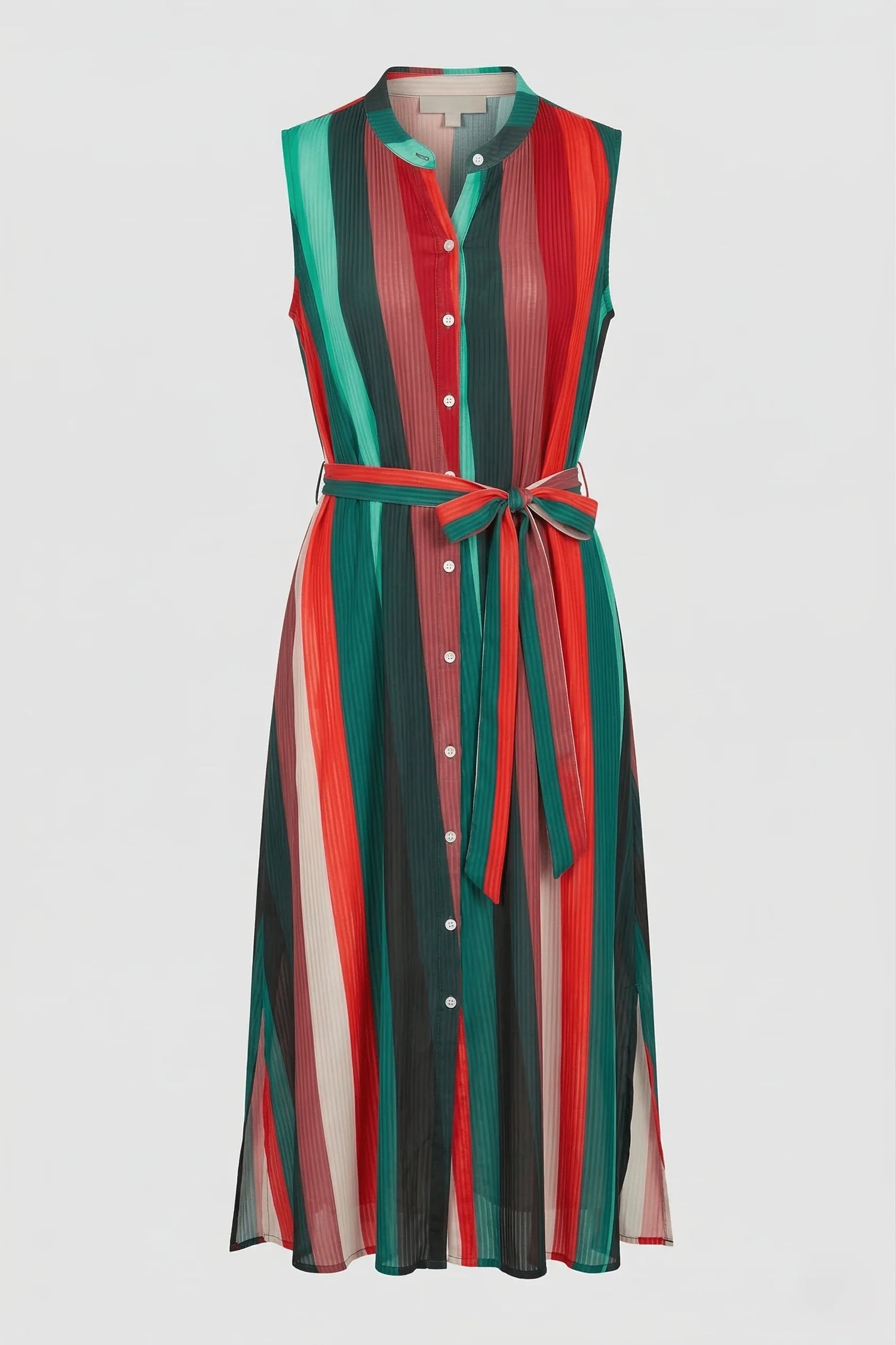RED MULTI LINEAR FUSHION PRINT SLEEVELESS BUTTON UP SHIRT MIDI DRESS
