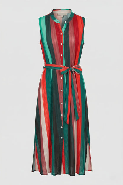 RED MULTI LINEAR FUSHION PRINT SLEEVELESS BUTTON UP SHIRT MIDI DRESS