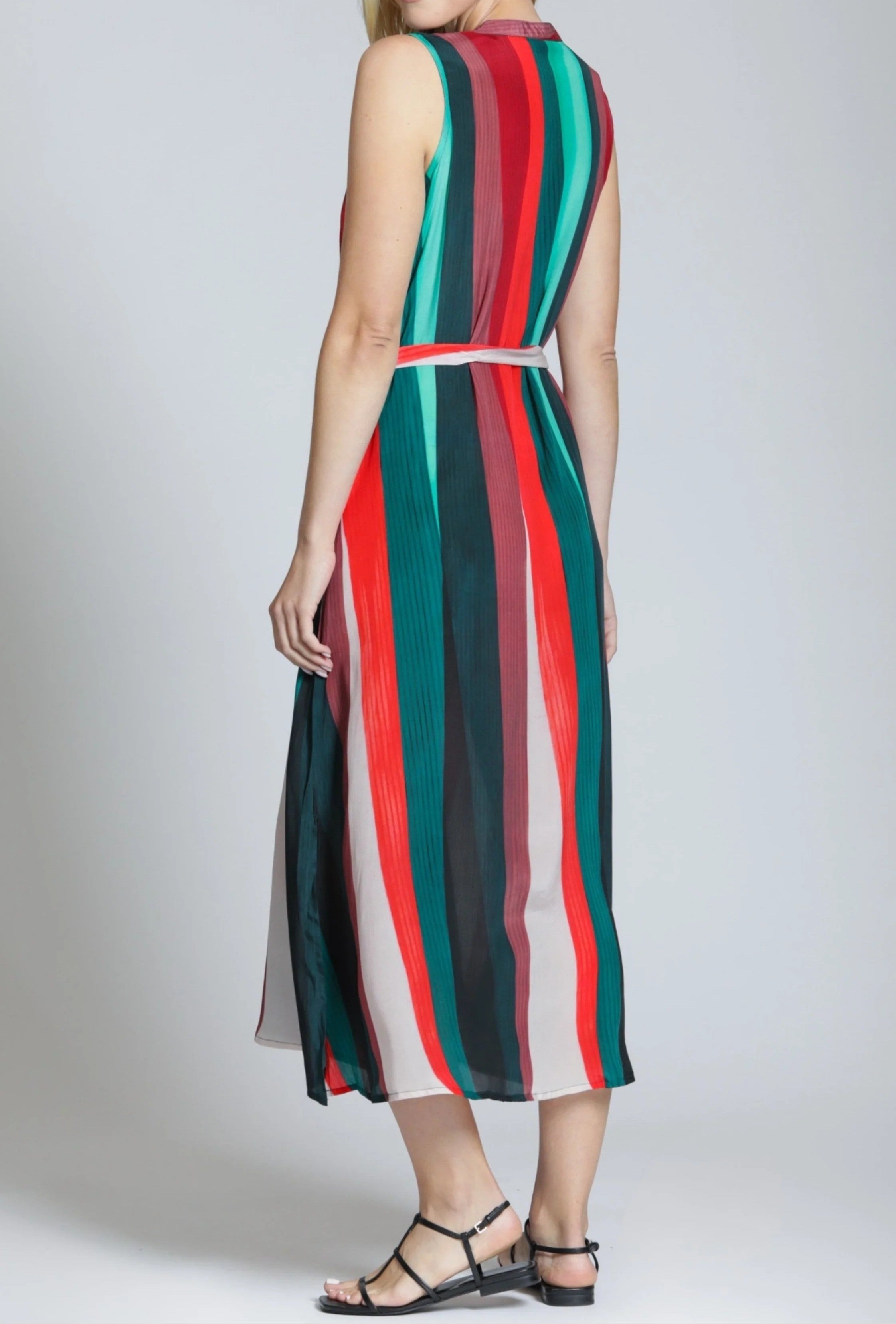RED MULTI LINEAR FUSHION PRINT SLEEVELESS BUTTON UP SHIRT MIDI DRESS
