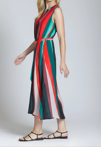 RED MULTI LINEAR FUSHION PRINT SLEEVELESS BUTTON UP SHIRT MIDI DRESS