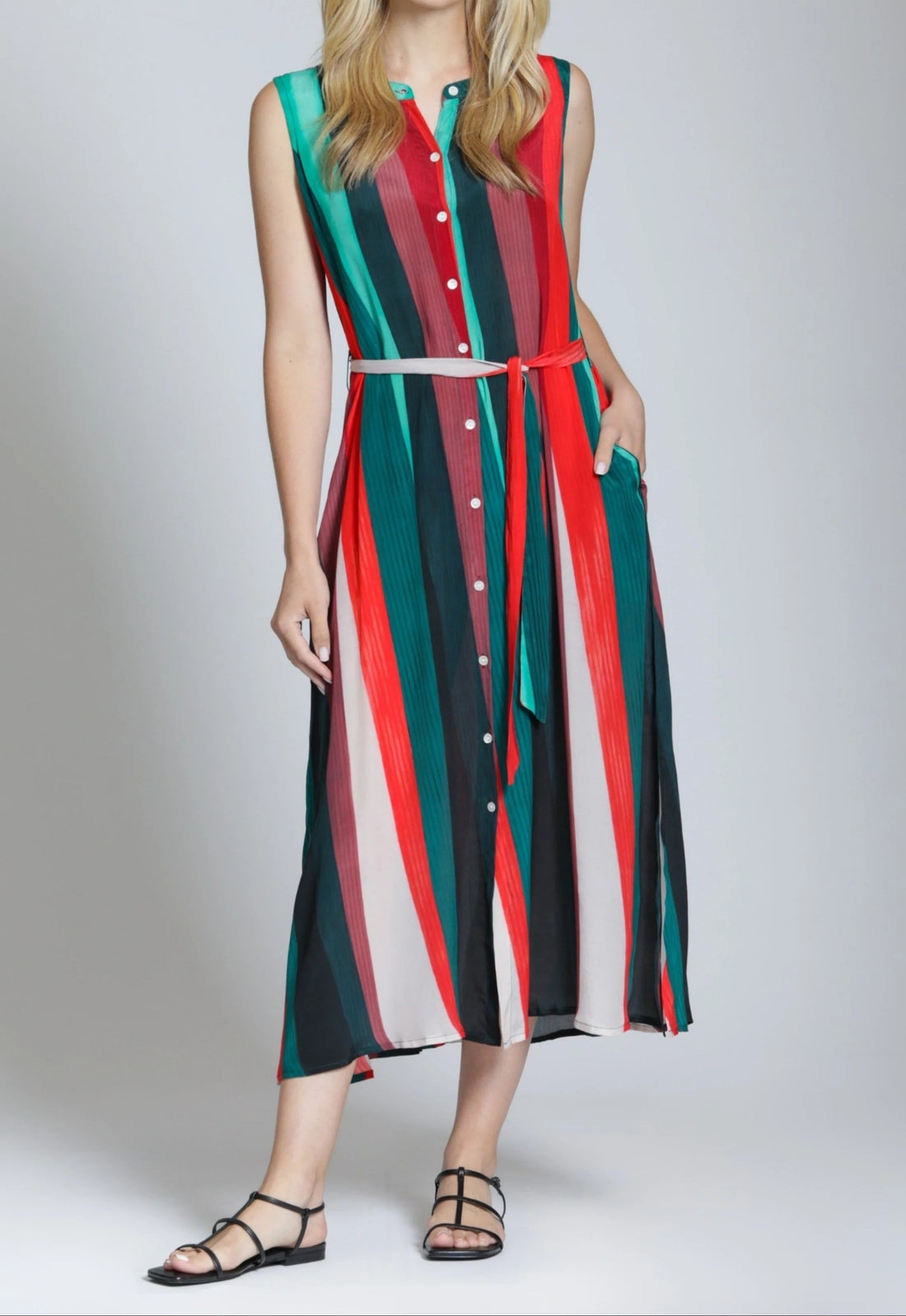 RED MULTI LINEAR FUSHION PRINT SLEEVELESS BUTTON UP SHIRT MIDI DRESS