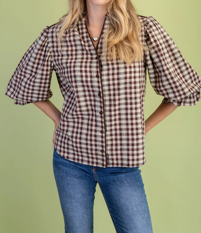 BROWN CHECKERED PRINT BUTTON DOWN GATHERED SLEEVE TOP