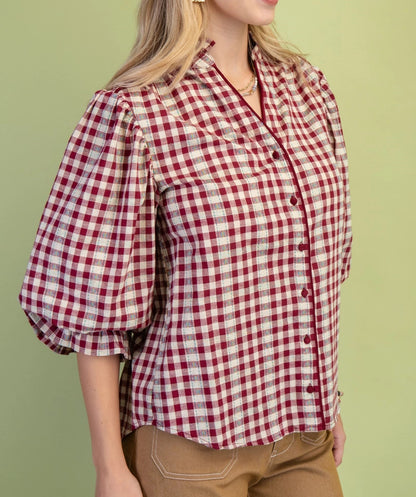 WINE CHECKERED PRINT BUTTON DOWN GATHERED SLEEVE TOP