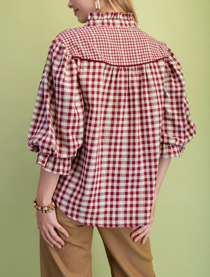 WINE CHECKERED PRINT BUTTON DOWN GATHERED SLEEVE TOP