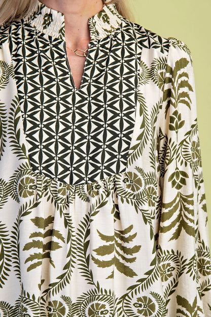 OLIVE MIX FLORAL PRINT 3/4 SLEEVE MINI SHIRT DRESS