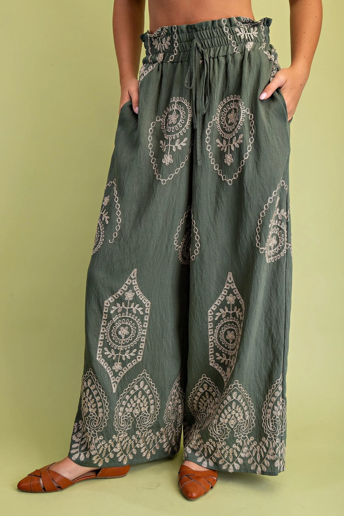 OLIVE/GOLD METALLIC EMBROIDERY DETAIL WIDE LEG PANTS