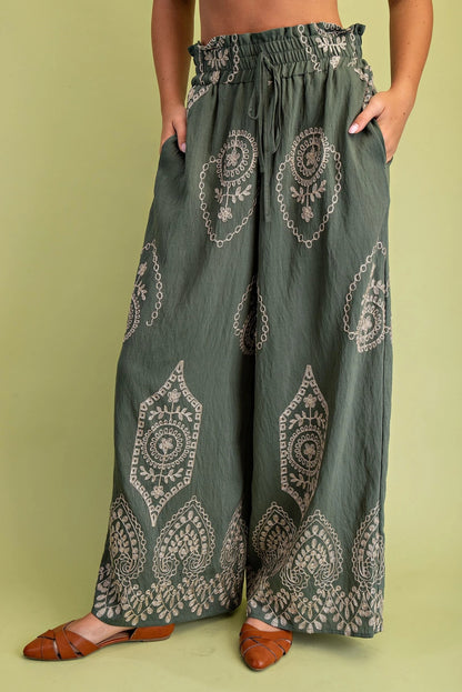 OLIVE/GOLD METALLIC EMBROIDERY DETAIL WIDE LEG PANTS