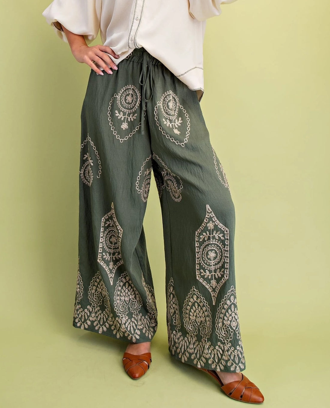 OLIVE/GOLD METALLIC EMBROIDERY DETAIL WIDE LEG PANTS