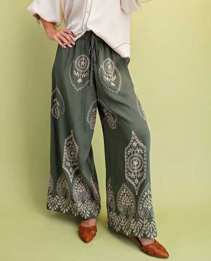 OLIVE/GOLD METALLIC EMBROIDERY DETAIL WIDE LEG PANTS