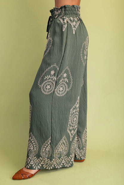 OLIVE/GOLD METALLIC EMBROIDERY DETAIL WIDE LEG PANTS