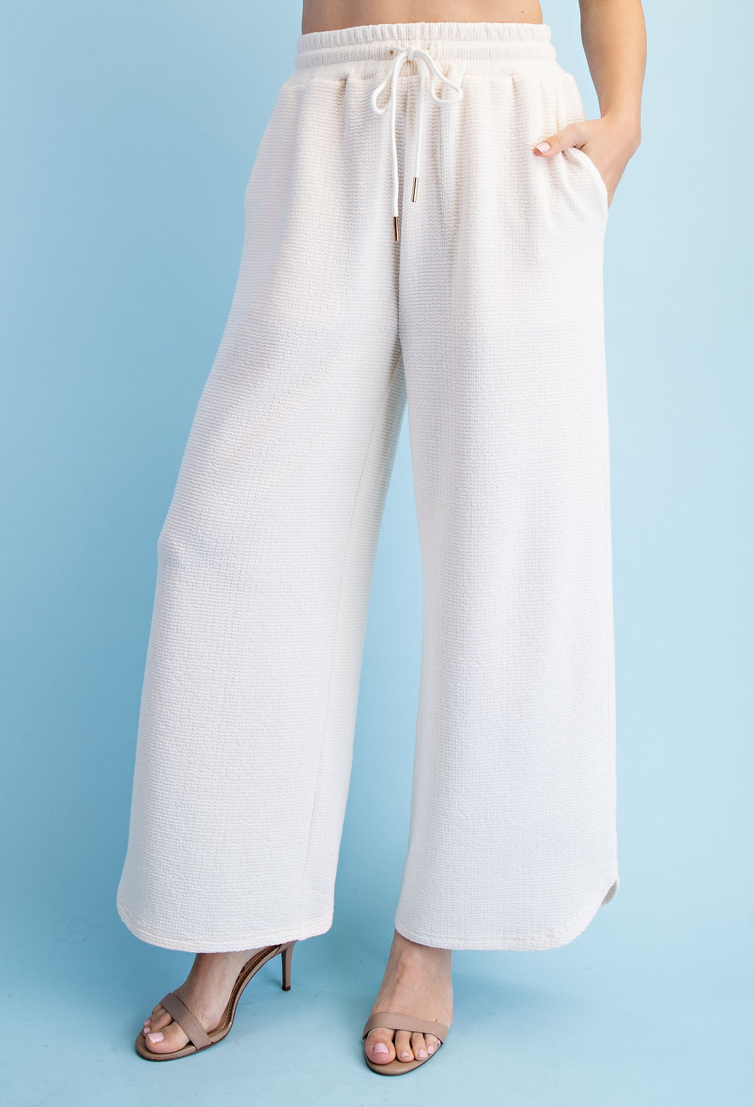 CREAM TEXTURED KNIT ELASTIC WAIST WIDE LEG PANTS
