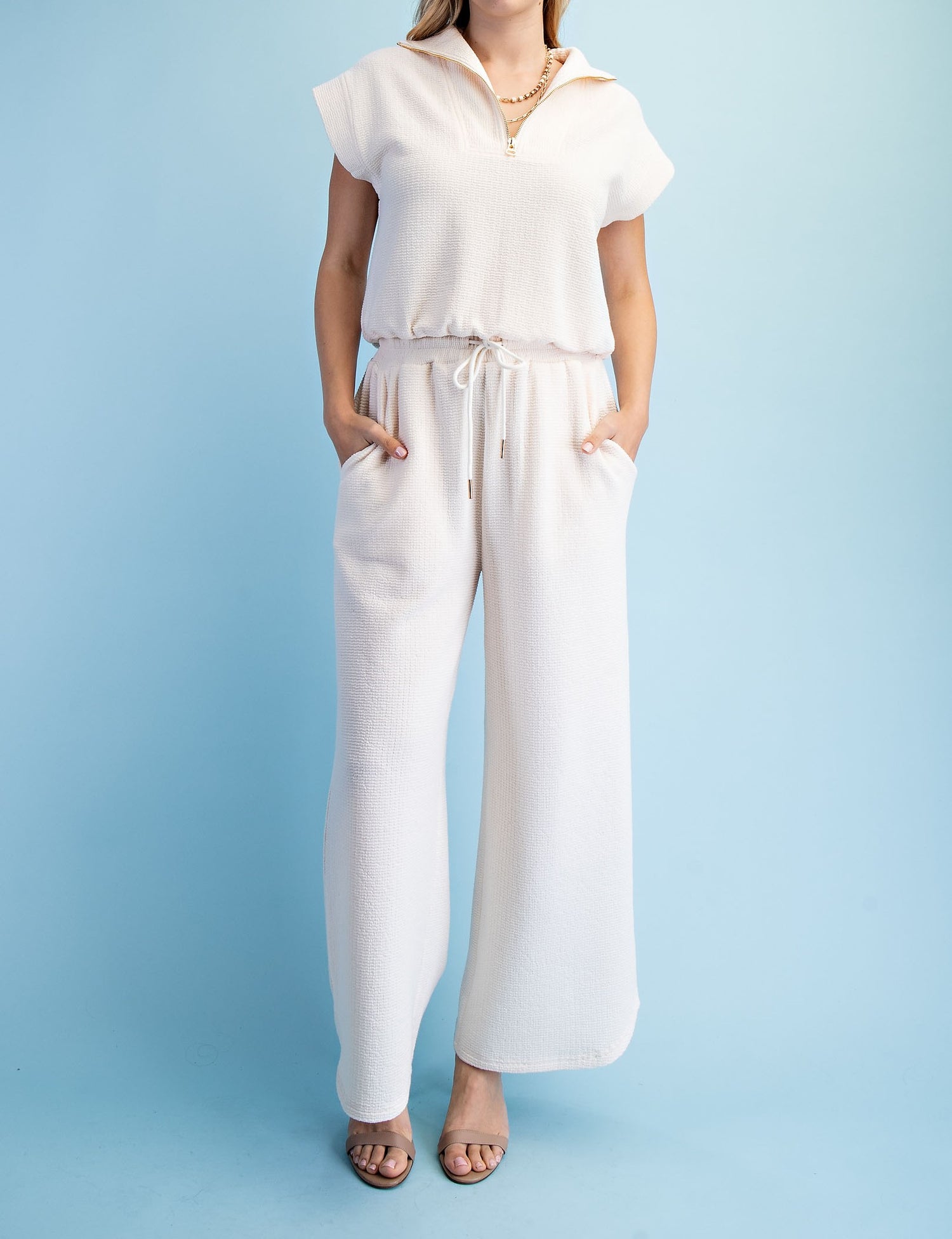 CREAM TEXTURED KNIT ELASTIC WAIST WIDE LEG PANTS