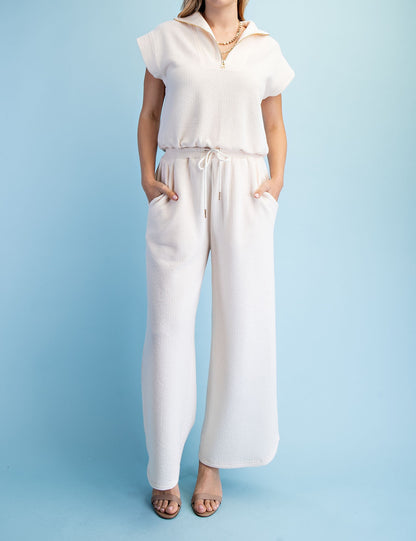 CREAM TEXTURED KNIT ELASTIC WAIST WIDE LEG PANTS