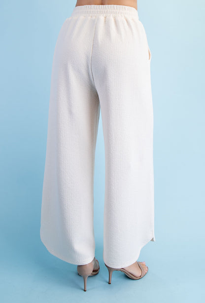 CREAM TEXTURED KNIT ELASTIC WAIST WIDE LEG PANTS