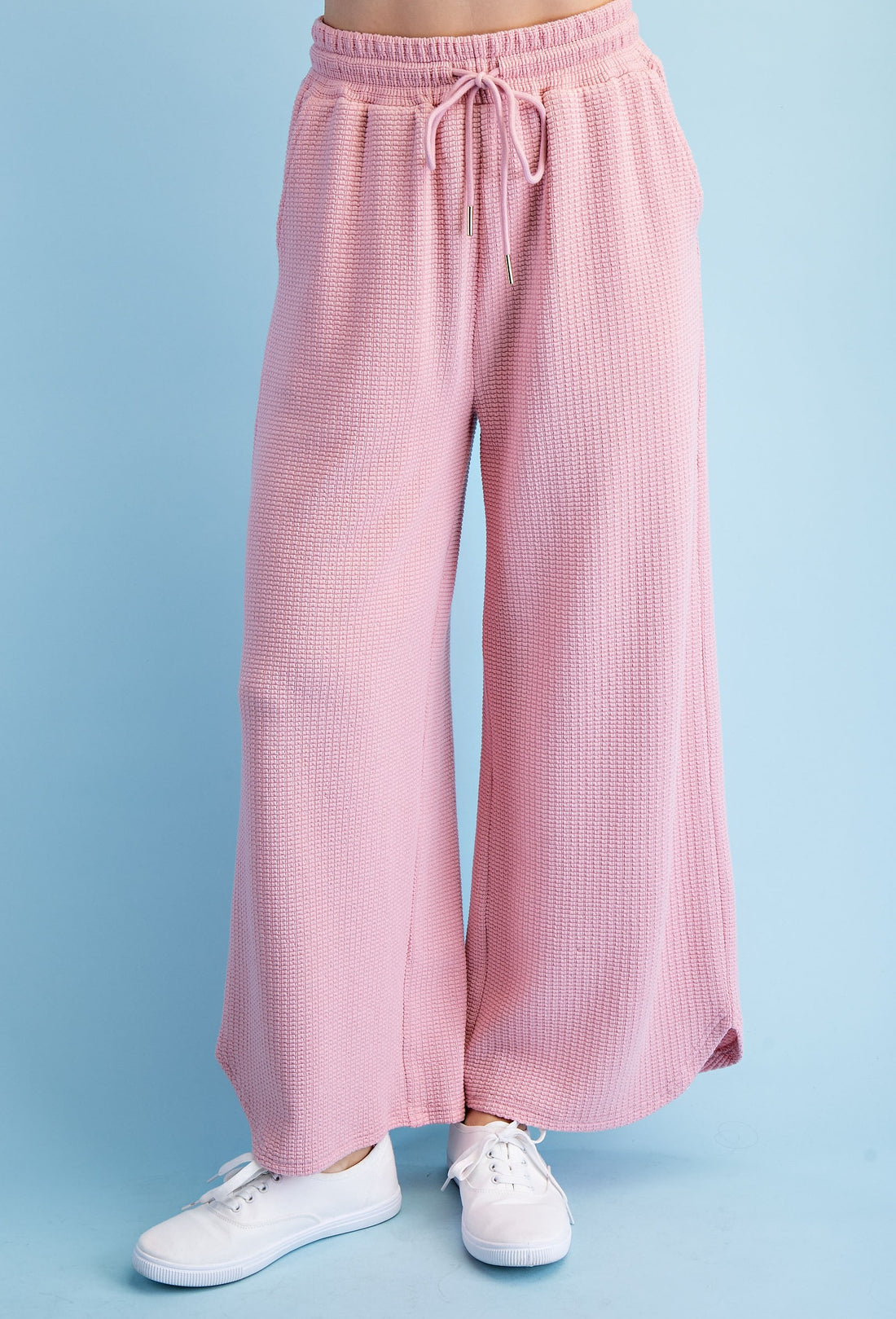 MAUVE TEXTURED KNIT ELASTIC WAIST WIDE LEG PANTS