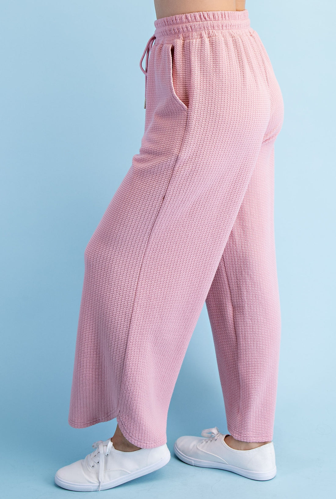 MAUVE TEXTURED KNIT ELASTIC WAIST WIDE LEG PANTS