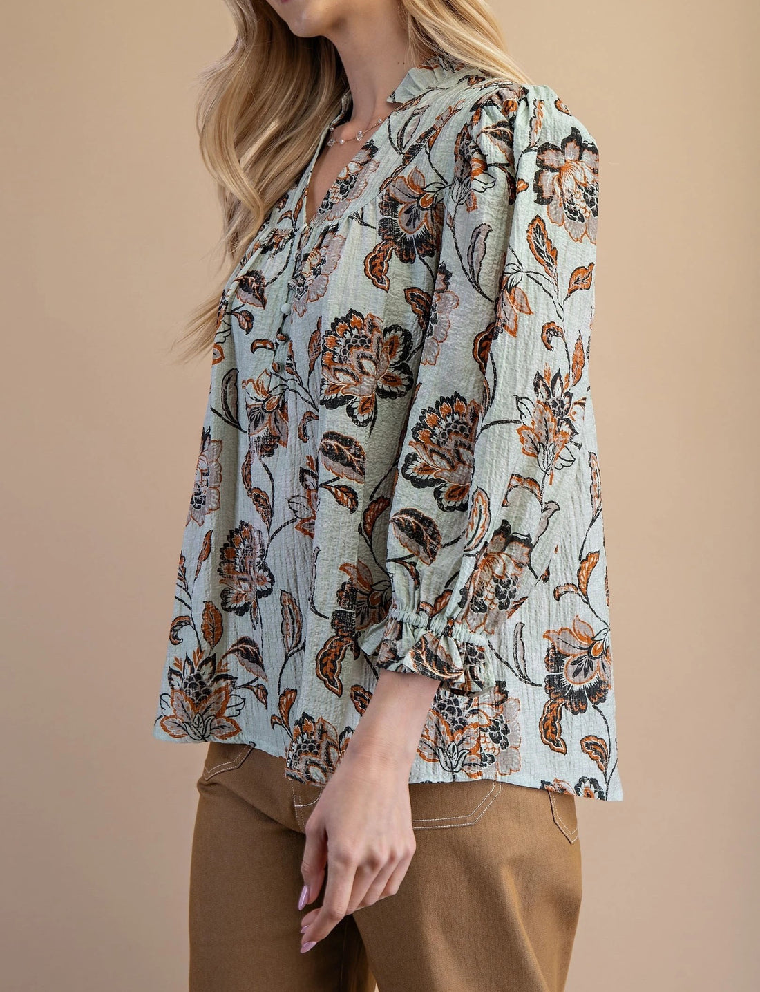 ORANGE/SAGE MIX VINTAGE FLORAL PRINT BLOUSE
