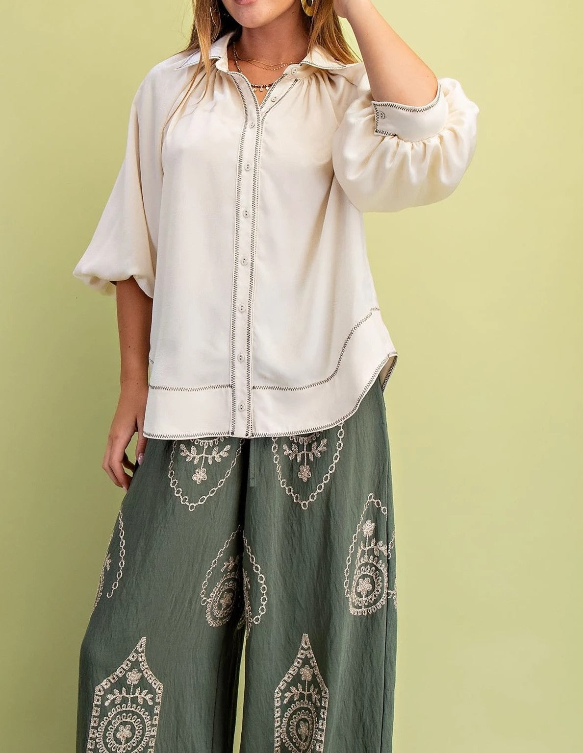 CREAM SATIN CONTRAST STITCH BALLOON SLEEVE BUTTON DOWN BLOUSE