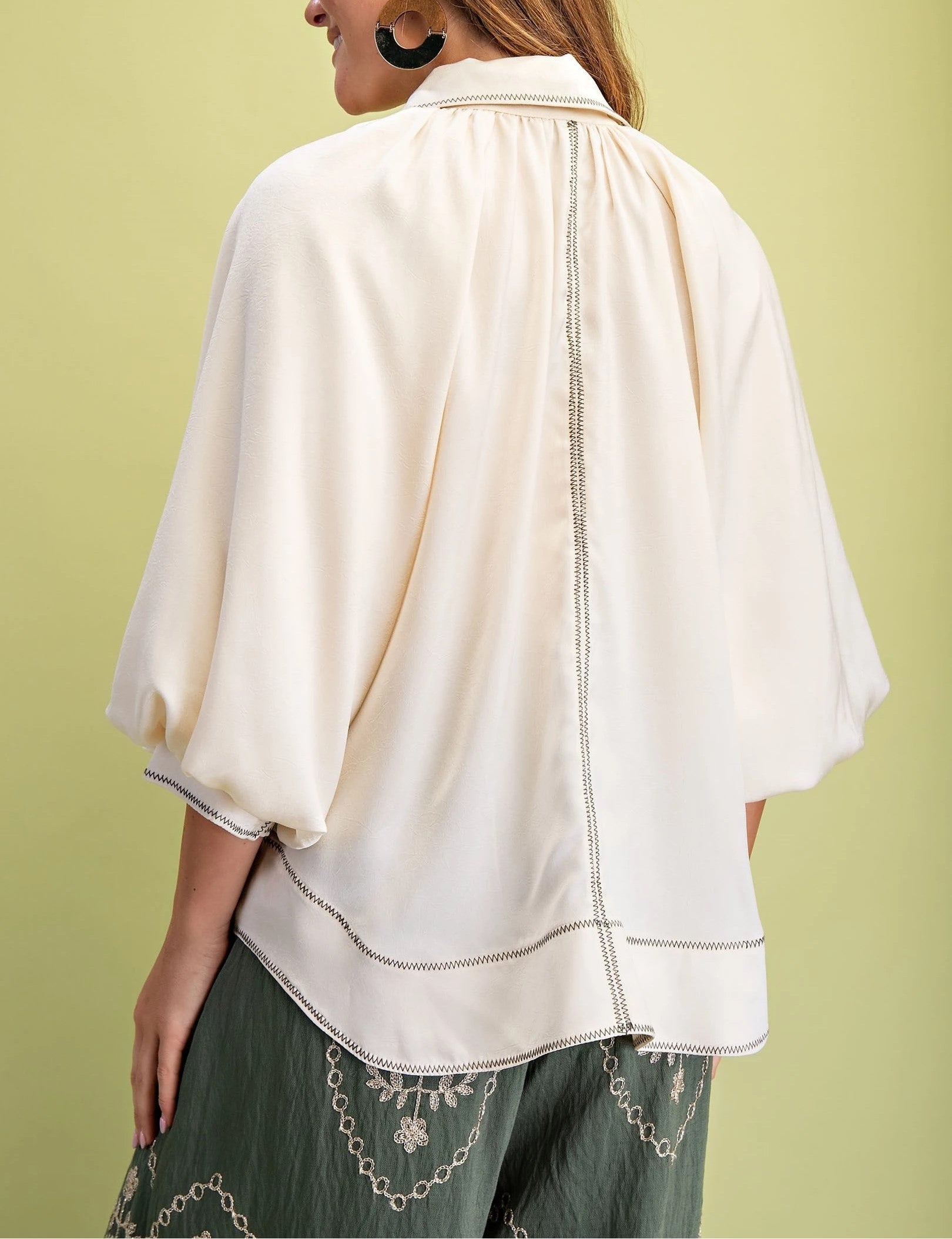 CREAM SATIN CONTRAST STITCH BALLOON SLEEVE BUTTON DOWN BLOUSE