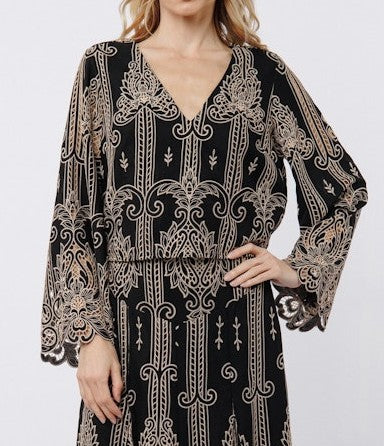 BLACK/TAUPE TWO TONE LACE CUTOUT BELL SLEEVE BECK TOP