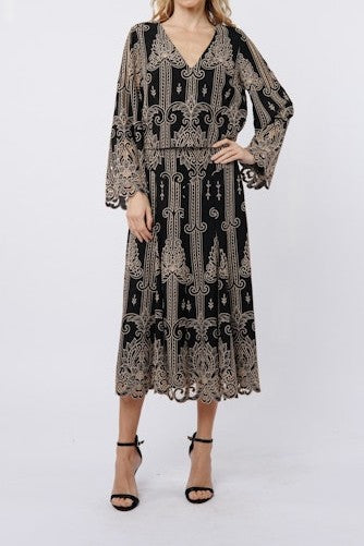BLACK/TAUPE TWO TONE LACE CUTOUT BELL SLEEVE BECK TOP