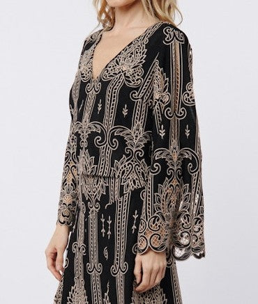 BLACK/TAUPE TWO TONE LACE CUTOUT BELL SLEEVE BECK TOP