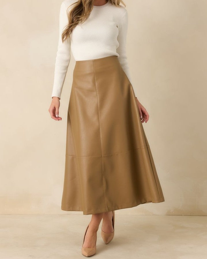CARAMEL VEGAN LEATHER CALLAHAN MIDI SKIRT