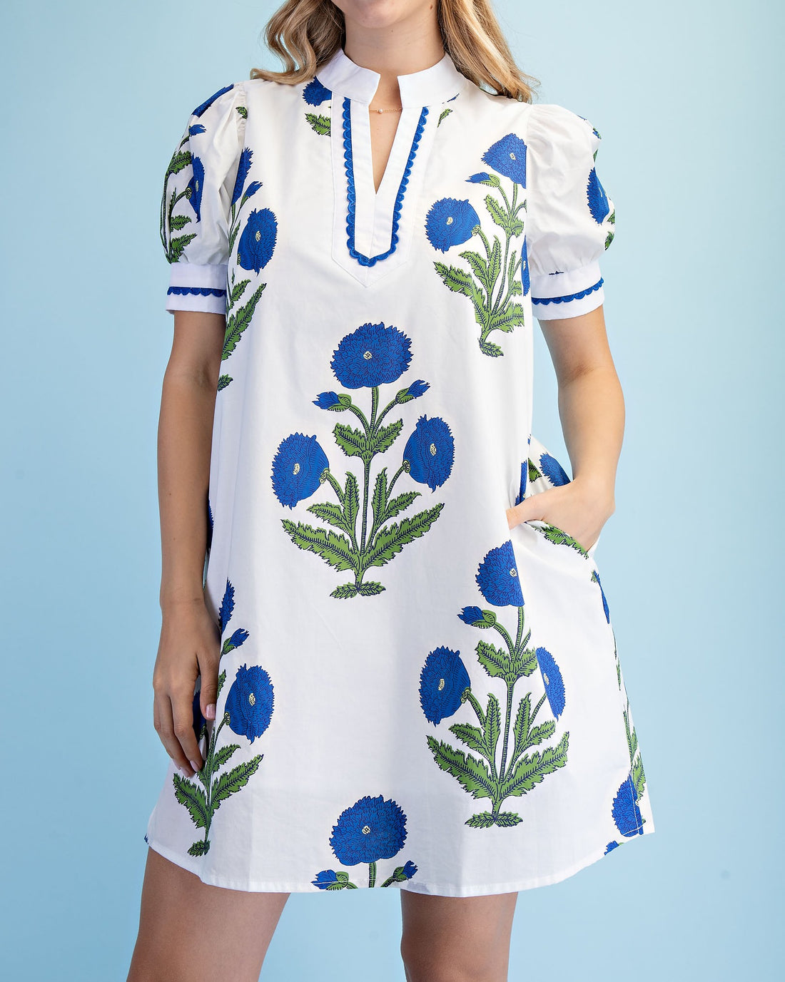 BLUE MIX FLORAL PRINT NOTCH NECK MINI DRESS