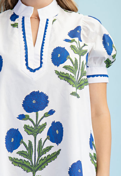 BLUE MIX FLORAL PRINT NOTCH NECK MINI DRESS