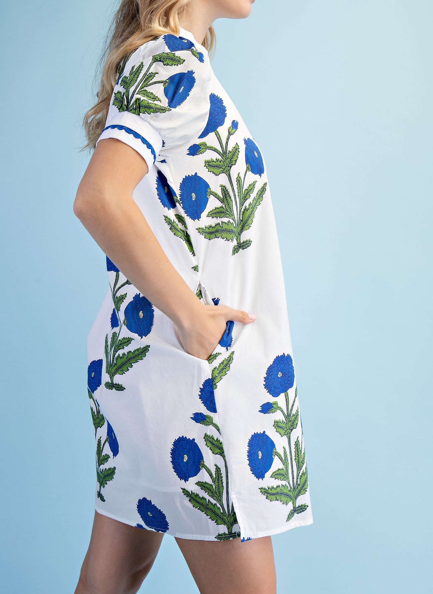 BLUE MIX FLORAL PRINT NOTCH NECK MINI DRESS
