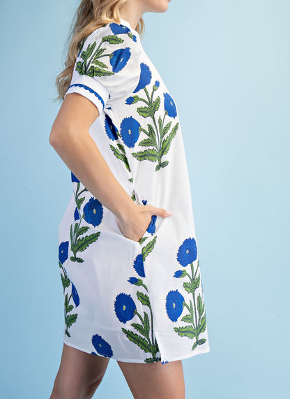BLUE MIX FLORAL PRINT NOTCH NECK MINI DRESS