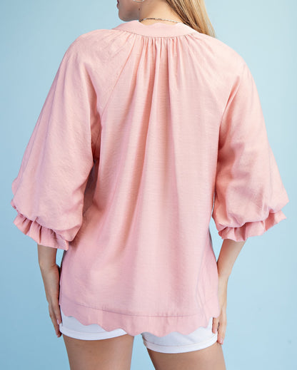 BLUSH 3/4 GATHERED BALLOON SLEEVE SCALLOP EDGED TOP