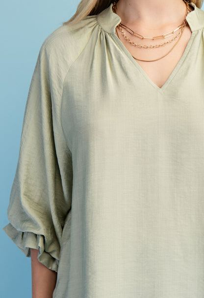 LIGHT SAGE 3/4 GATHERED BALLOON SLEEVE SCALLOP EDGED TOP