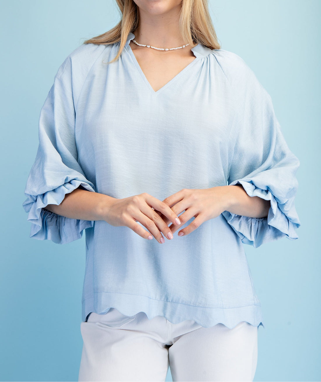 SKY BLUE 3/4 GATHERED BALLOON SLEEVE SCALLOP EDGED TOP