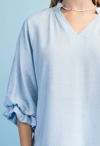 SKY BLUE 3/4 GATHERED BALLOON SLEEVE SCALLOP EDGED TOP