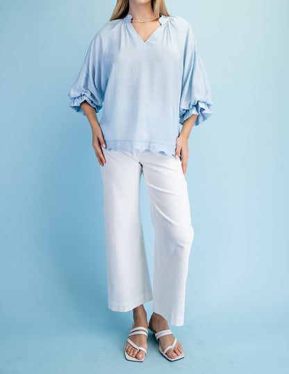 SKY BLUE 3/4 GATHERED BALLOON SLEEVE SCALLOP EDGED TOP
