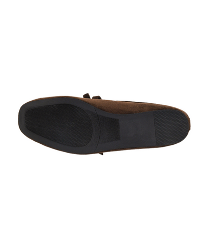 CHOCOLATE FAUX SUEDE BOW STRAP MARY JANE LAYOVER FLAT
