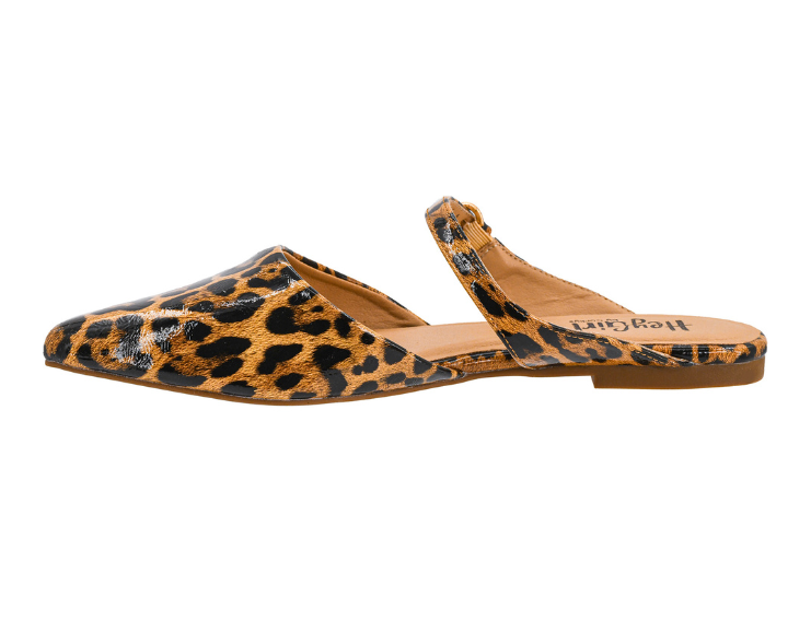 GLOSSY LEOPARD WANNA GRAB DRINKS POINTED TOE MARY JANE SLIP ON MULE