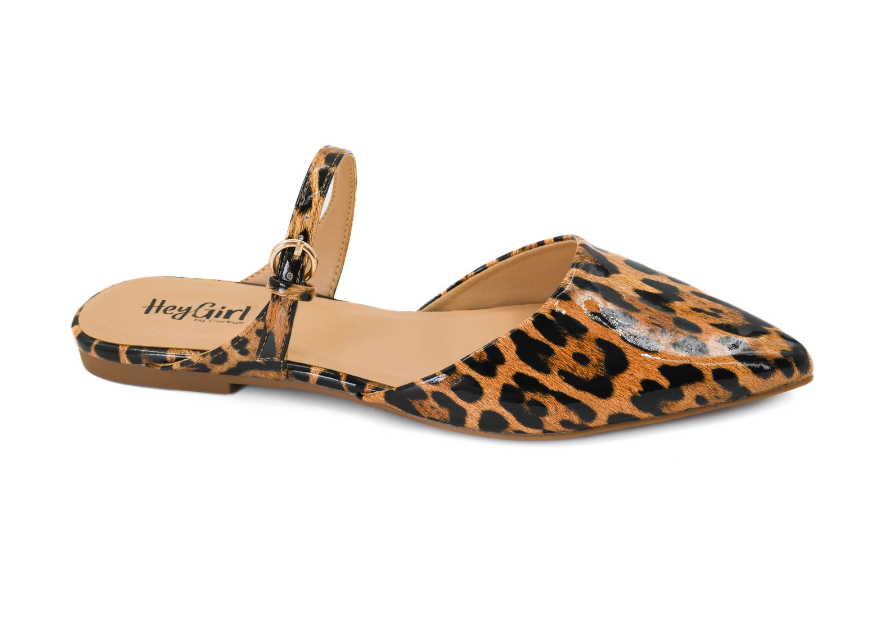 GLOSSY LEOPARD WANNA GRAB DRINKS POINTED TOE MARY JANE SLIP ON MULE