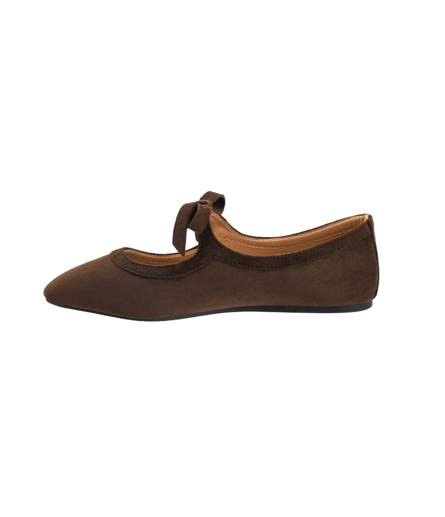 CHOCOLATE FAUX SUEDE BOW STRAP MARY JANE LAYOVER FLAT