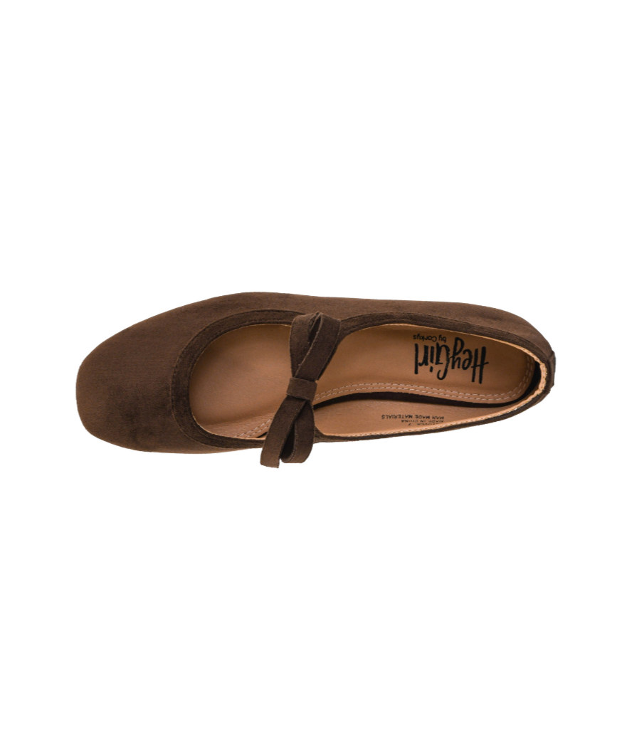 CHOCOLATE FAUX SUEDE BOW STRAP MARY JANE LAYOVER FLAT