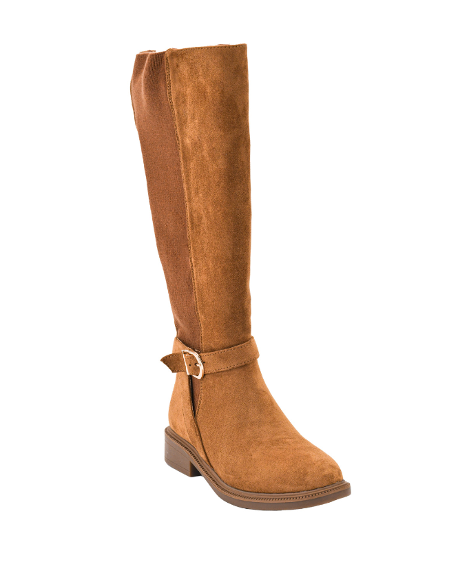 CAMEL FAUX SUEDE STRETCH BACK EQUESTRIAN WE RIDE AT DAWN BOOT
