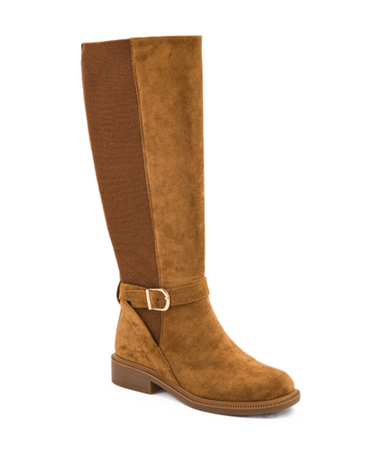 CAMEL FAUX SUEDE STRETCH BACK EQUESTRIAN WE RIDE AT DAWN BOOT