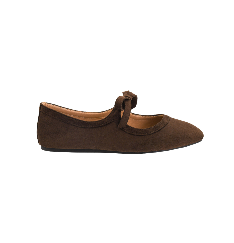 CHOCOLATE FAUX SUEDE BOW STRAP MARY JANE LAYOVER FLAT