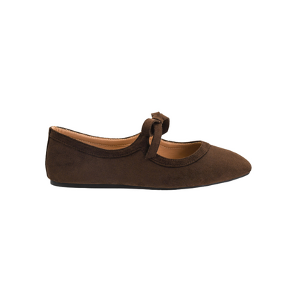 CHOCOLATE FAUX SUEDE BOW STRAP MARY JANE LAYOVER FLAT