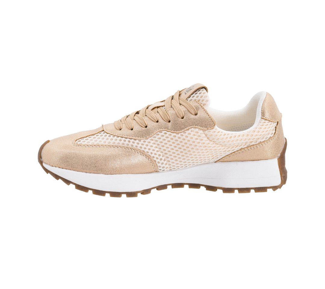 METALLIC GOLD &amp; BEIGE NO PROB RETRO RUNNER SNEAKER