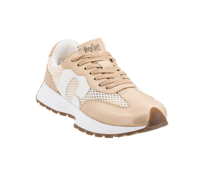 METALLIC GOLD &amp; BEIGE NO PROB RETRO RUNNER SNEAKER