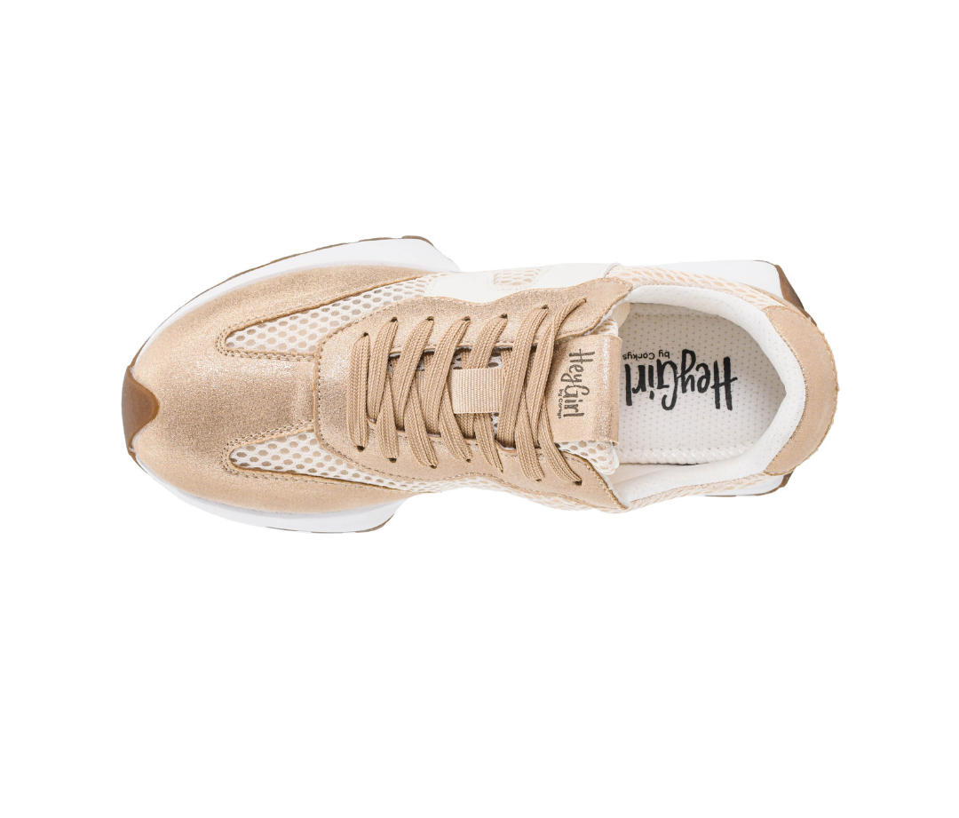 METALLIC GOLD &amp; BEIGE NO PROB RETRO RUNNER SNEAKER